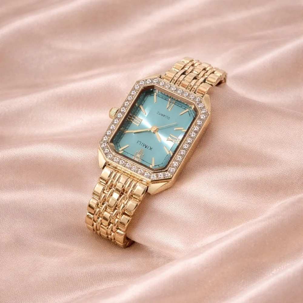 Luxury Gold Rectangular Watch with Blue Dial & Crystal Bezel